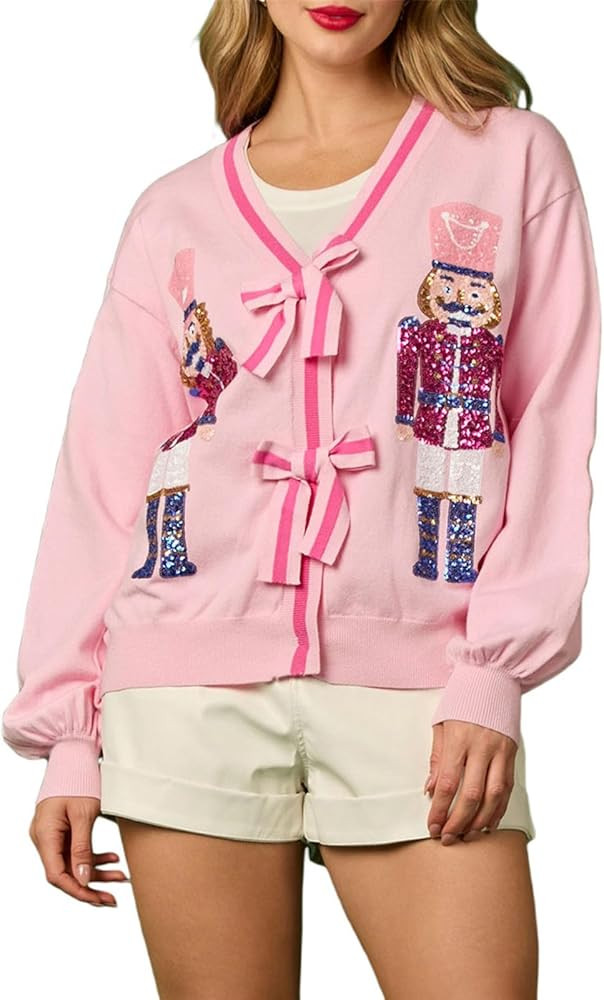 Christmas Cardigan for Women Nutcracker Bow Tie Front Sequin Cardigans Long Sleeve Xmas Ugly Swea... | Amazon (US)