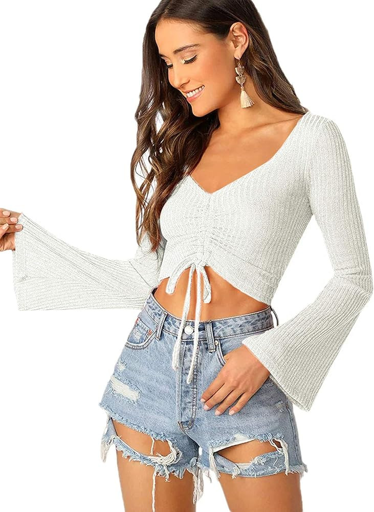 SweatyRocks Women's Adjustable Drawstring String Long Bell Sleeve Rib Knit Sexy Crop Top | Amazon (US)