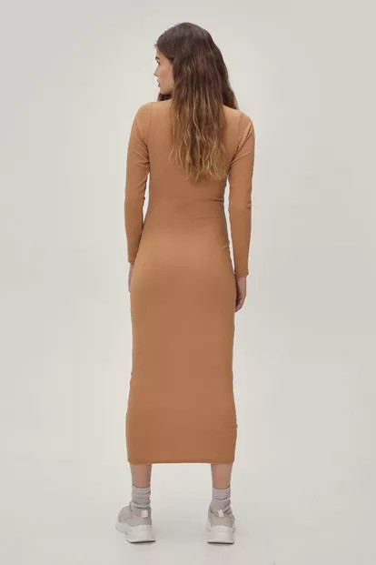 Ribbed High Neck Long Sleeve Midi Dress | Nasty Gal (US)