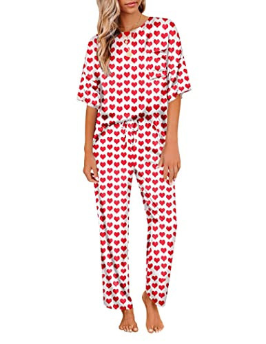 Ekouaer Valentines Pajamas for Women Two Piece Pajama Set Silk Satin Valentine Pj Set Heart Silky Pjs Set Bride Pajamas Valentines Pajama Valentines Day Outfits Red Heart XL | Amazon (US)