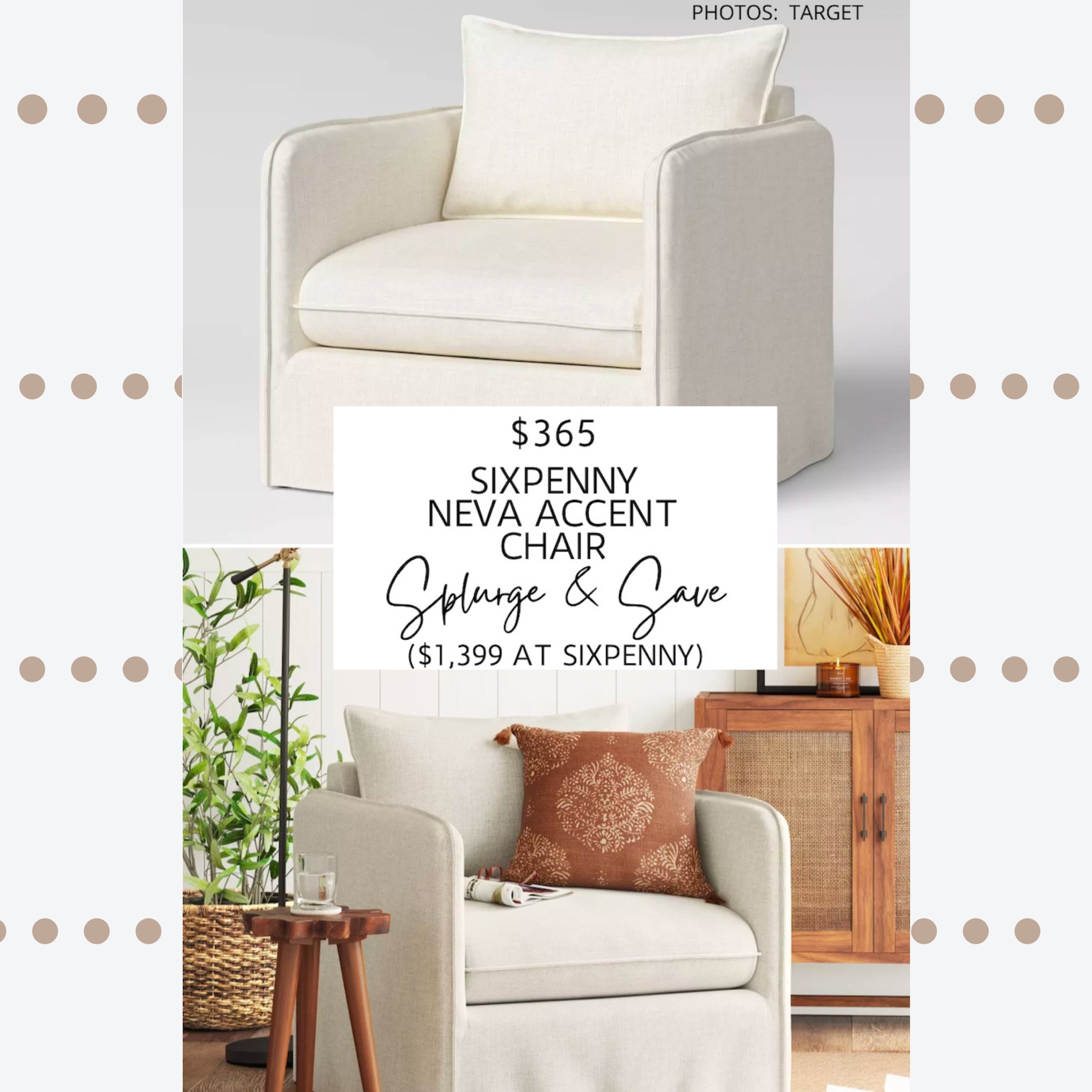 🚨New Find🚨The Sixpenny Neva Chair is handmade with oversized French seams, solid rubberwood legs, and can be customized by choosing between seven colours, two fabrics, and two types of filling (down or poly). 

Target’s Berea Slouchy Lounge Chair is a cozy accent chair that features French seams, a linen polyester fabric, and is available in five different colours and material combinations (one of which is a stunning printed floral pattern). 

#chair #sidechair #accentchair #livingroom #mcgeeandco #sixpenny #studiomcgee #target #targethome #targetfinds #target #lookforless #homedecor #decor #furniture #dupes #nursery #office. Sixpenny dupe.  Six. Penny dupe. Studio McGee. Pottery Barn. Sixpenny Neva chair dupe. Sixpenny Neva side chair dupe. Accent chair. Living room inspiration. Living room furniture. Living room chairs. Modern traditional home. Rustic living room.

#LTKhome #LTKsalealert #LTKFind