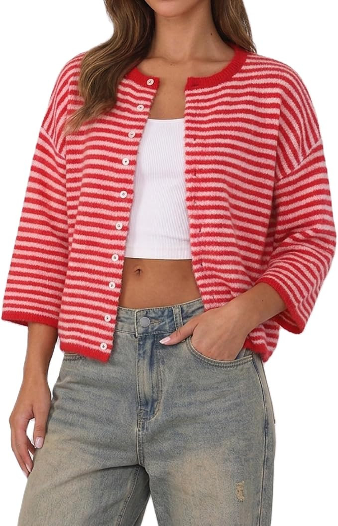 Amazon.com: Women Short Sleeve Knitted Crop Cardigan Y2k Striped Button Up Lightweight Sweater Crew Neck Outwear Top (Red, XL) : Clothing, Shoes & Jewelry | Amazon (US)