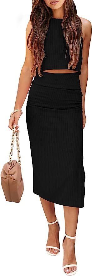 PRETTYGARDEN Women's 2 Piece Summer Outfits Crewneck Tank Tops Split Bodycon Midi Skirt Dress Set | Amazon (US)