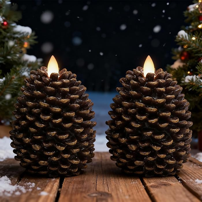 Christmas Flameless Candle, Christmas Pine Cones Candles Real Wax, 2 Pack LED Pillar Candle for W... | Amazon (US)