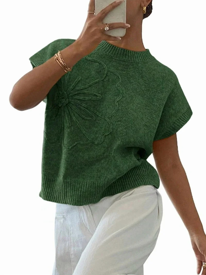 Women'S Ribbed Sweater Crew Neck Short Sleeve Loose Fit Floral Knit Pullover Tops Dark Green M | Walmart (US)