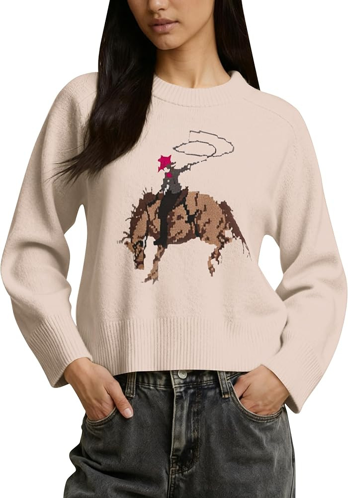 Graphic Sweater for Women Cute Horse Print Long Sleeve Crewneck Knit Pullover Jumper Casual Trend... | Amazon (US)