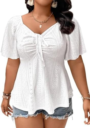 Eytino Womens Plus Size Tops Sweetheart Neck Short Sleeve Eyelet Embroidery Summer Loose Peplum S... | Amazon (US)