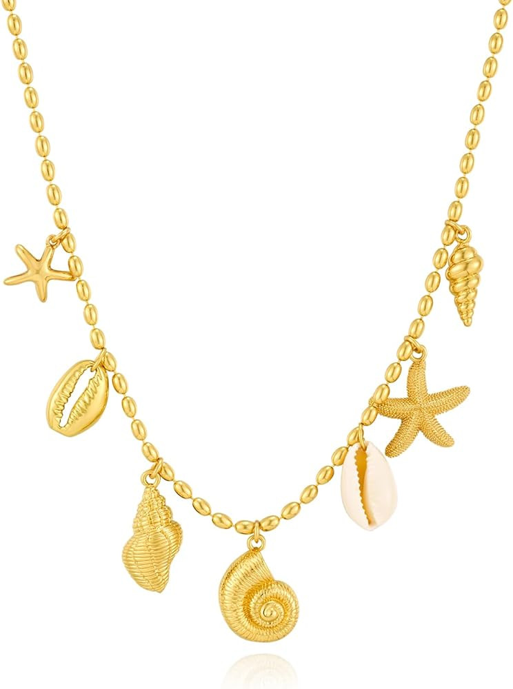 Gold Seashell Necklace For Women With Beach Sand And Bead Starfish Choker Necklace Ocean Chains N... | Amazon (US)