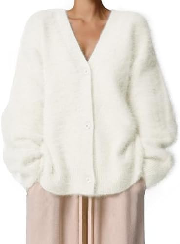 Fuzzy Cardigan Sweaters for Women V Neck Button Down Fluffy Knit Sweater Long Sleeve Cardigan Swe... | Amazon (US)
