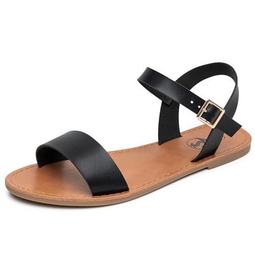 Trary Black Sandals for Women Dressy Casual Summer Open Toe Flat Sandal Adjustable Ankle Strap Metal Buckle Lightweight Sandals | Amazon (US)