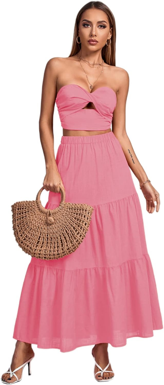 LYANER Women's 2 Piece Outfits Dress Twist Cut Out Tube Crop Top and Ruffle Maxi Skirt Set | Amazon (US)