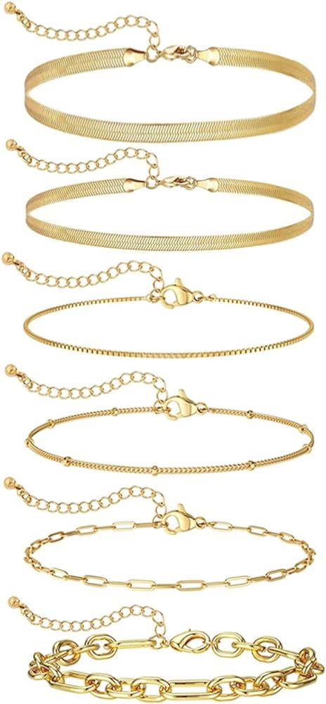 Gold Bracelets for Women, 14K Real Gold Plated Jewelry Sets for Women Gold Dainty Chain Link Bead... | Amazon (US)