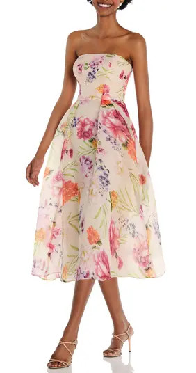 Alfred Sung Floral Print Strapless Midi Dress | Nordstrom | Nordstrom