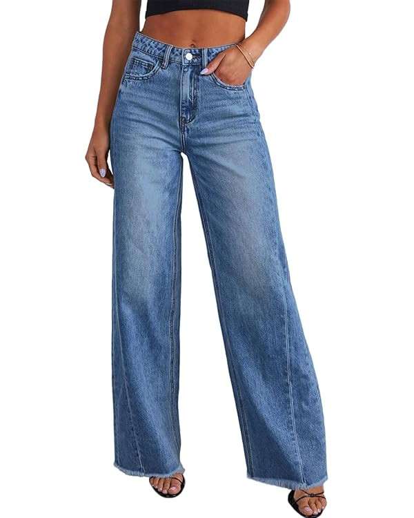 Sidefeel Women's Wide Leg Jeans High Waisted Stretchy Raw Hem Zimbaplatinum Denim Pants | Amazon (US)