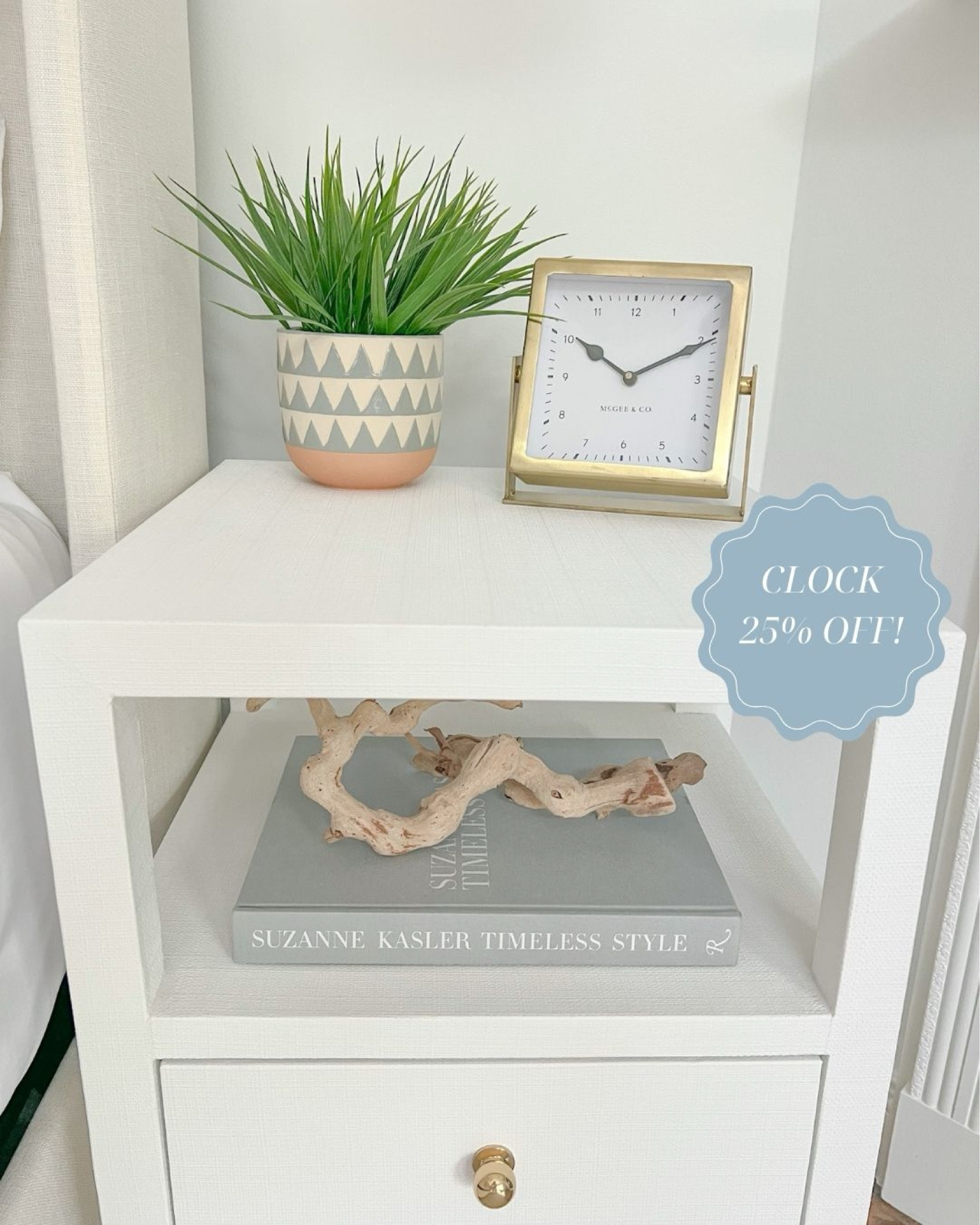 My gold clock, which was out of stock for SO long is back and 25% off this weekend! I also linked a great "look for less" option for my nightstand, which is currently priced at under $160 (with free shipping)!
 - 
Coastal Nightstands, primary bedroom decor, coastal home decor, coastal styling, beach home decor, beach house style, coastal bedroom, coastal interior, coastal decorating, white nightstand, faux plant, gold clock, 2 drawer end table, end table, upholstered bed, blue and white geometric pot, planter, table clock, bedroom styling, neutral home, nightstand styling, nightstand decor, coastal nightstands, beach house bedroom, beach house nightstands, Amazon coffee table books, driftwood branch, shelf styling, Nightstands with shelf, nightstands with drawers, Wayfair nightstands, table clock, neutral coffee table book, narrow nightstands, small nightstands, bedroom ideas, beach house bedroom decor, nightstand styling, nightstand decor

#LTKHome #LTKSaleAlert #LTKFindsUnder50