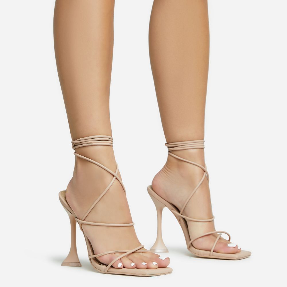 Love-To-Hate Lace Up Strappy Square Toe Statement Heel In Nude Faux Leather | EGO Shoes (US & Canada)