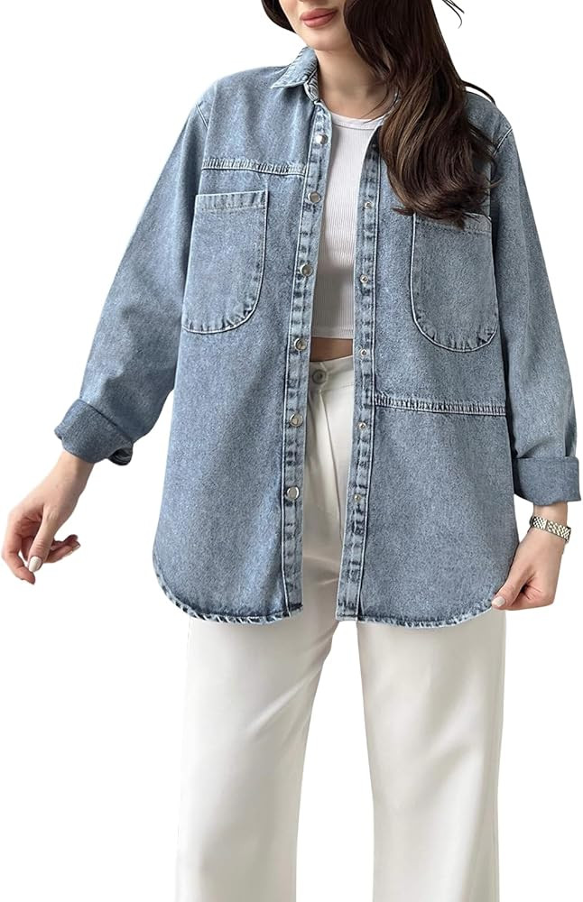 TodTan Women Denim Jacket Shacket - Casual Long Sleeve Denim Shirts Oversize Boyfriend Jean Jacke... | Amazon (US)