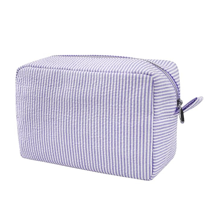 GFU Cosmetic Bags for Women, Seersucker Cosmetic Bag, Travel Toiletry Stripe Makeup Bag, Large Wo... | Amazon (US)