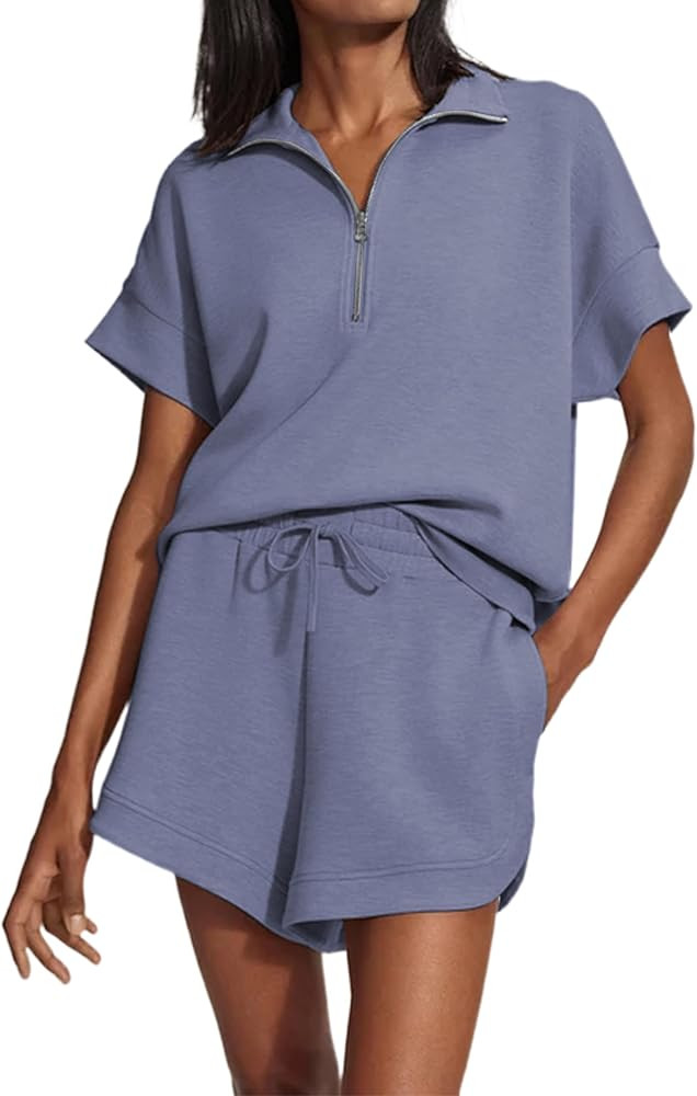 Womens Two Piece Half Zip Sweatshirts Shorts Set Lapel Collared Sweatshirt Drawstring High Waist ... | Amazon (US)