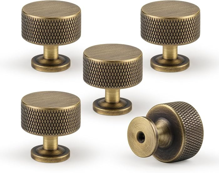 Antique Brass Kitchen Cabinet Knobs 5 Pack, 1.1Inch Knurled Brass Dresser Drawer Pulls, Modern Fu... | Amazon (US)