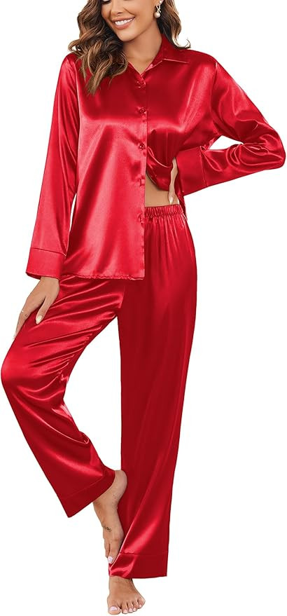 Ekouaer Women Satin Silk Pajamas Classic Long Sleeve Button Down Pjs Set Soft Loungewear | Amazon (US)