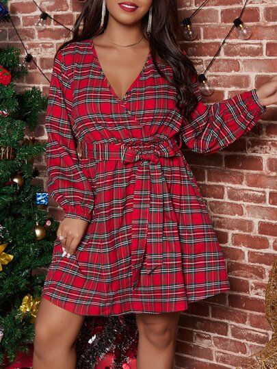 Plus Tartan Surplice Neck Belted Dress | SHEIN