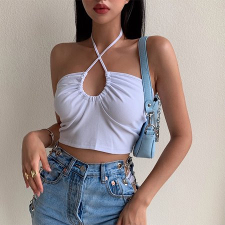 YILEEGOO Women s Crisscross Halter Tank Tops Sexy Sleeveless Solid Color Keyhole Crop Tops | Walmart (US)