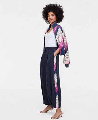 Women's High Rise Mixed-Media Pinstripe Trouser Pants, Macy's Exclusive- Molly Rogers Capsule Col... | Macy's
