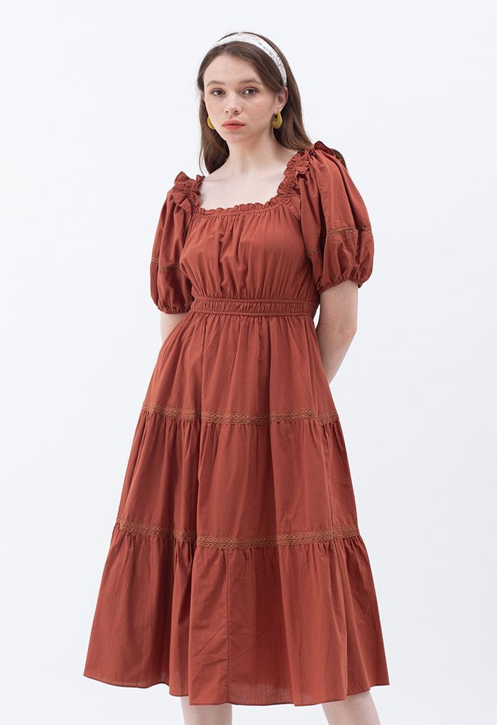 Ruffled Neck Crochet Detail Midi Dress in Rust Red | Chicwish