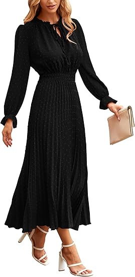 PRETTYGARDEN Women's 2025 Spring Fall Midi Dress Casual Long Sleeve V Neck Swiss Dot Pleated A Li... | Amazon (US)
