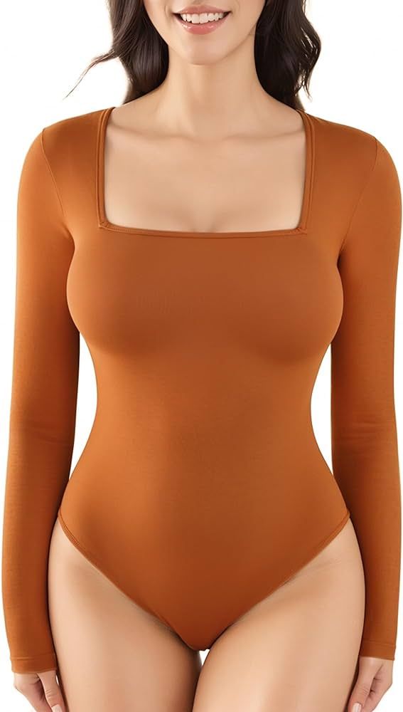 MANGOPOP Women's Square Neck Long Sleeve Bodysuit Tops | Amazon (US)
