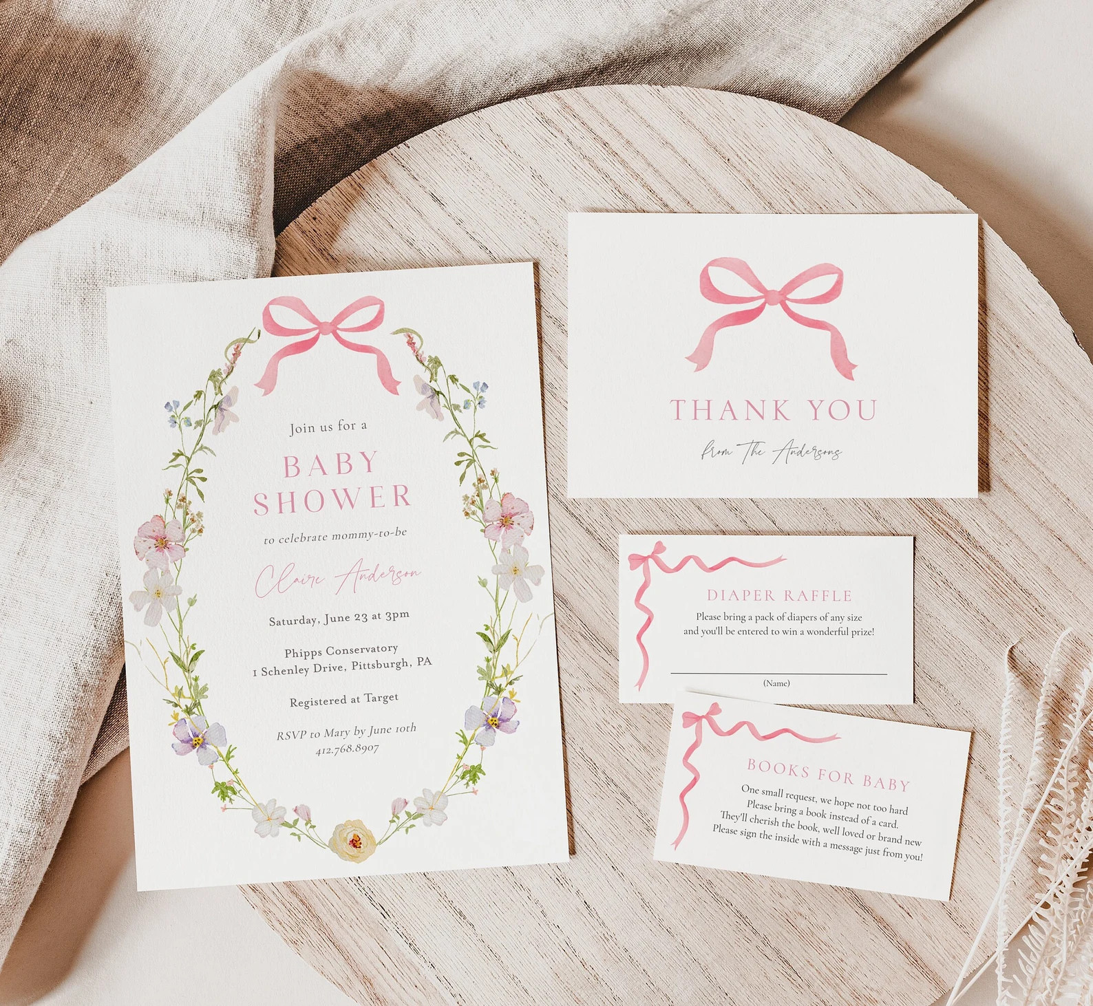 Wildflower Baby Shower Invitation Set: Floral Wreath, Pink Bow (printable) - Etsy | Etsy (US)