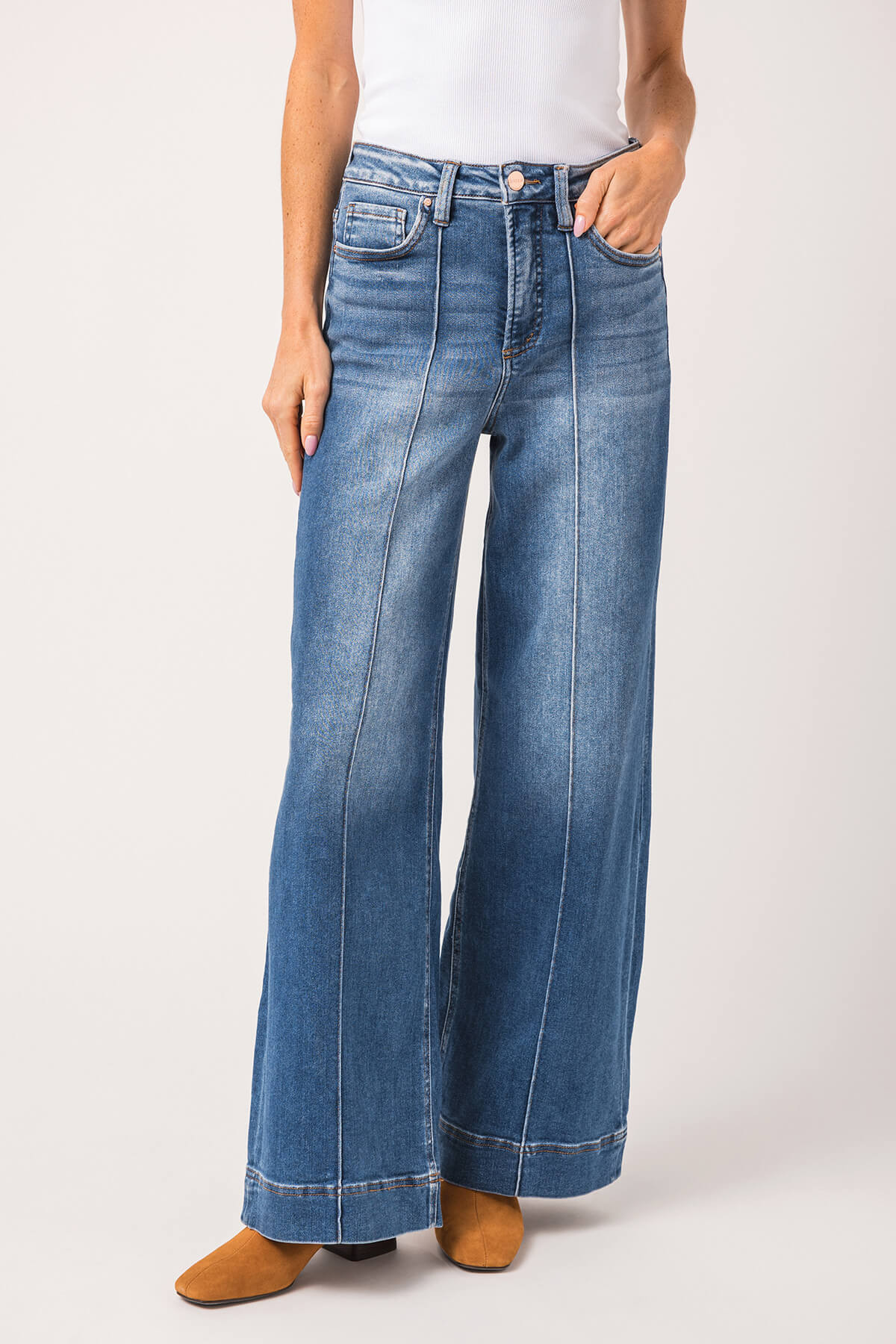 Risen Dani High Rise Front Pintuck Ankle Wide Leg Jeans | Social Threads