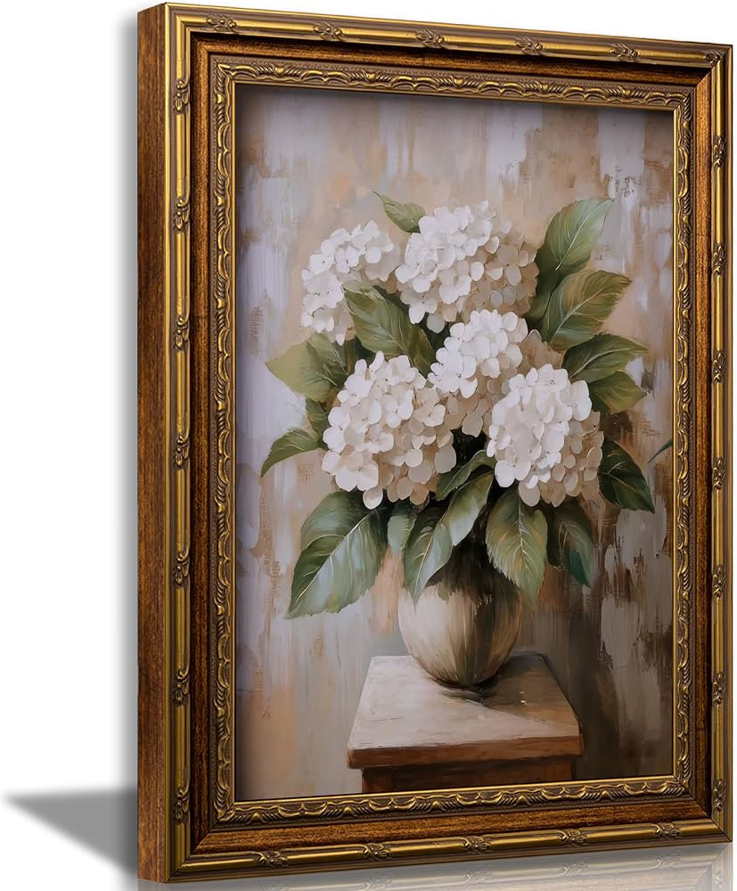 Vintage Gold Framed Hydrangea Wall Art Retro White Floral Canvas Wall Decor Vintage Hydrangea Pic... | Amazon (US)