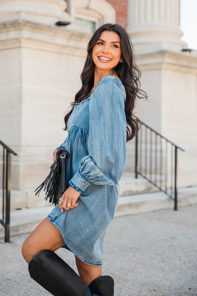 Big City Dreams Blue Denim Square Neck Dress FINAL SALE | Pink Lily