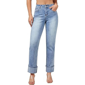 roswear Women’s Straight Leg Jeans High Waisted Boyfriend Stretchy Cuffed Denim Pants | Amazon (CA)