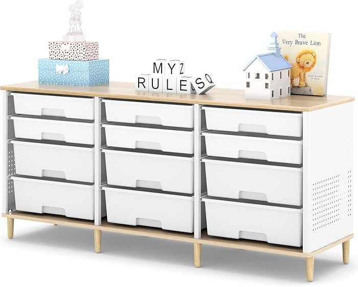 12 Drawers Storage Cabinet with Wooden Top and Plastic Bins, Toy Shelf Storage Chest Cubby Organi... | Amazon (US)