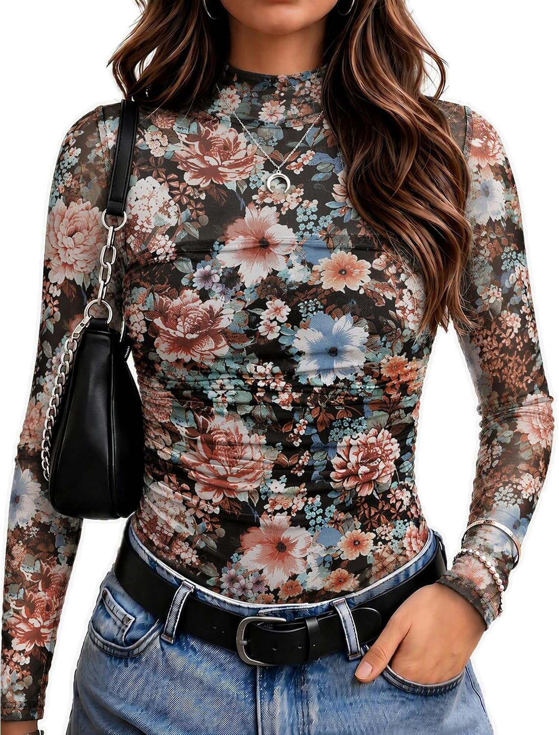 Zeagoo Women's Mesh Long Sleeve Tops Mock Neck Ruched Sheer Blouse S-2XL | Amazon (US)