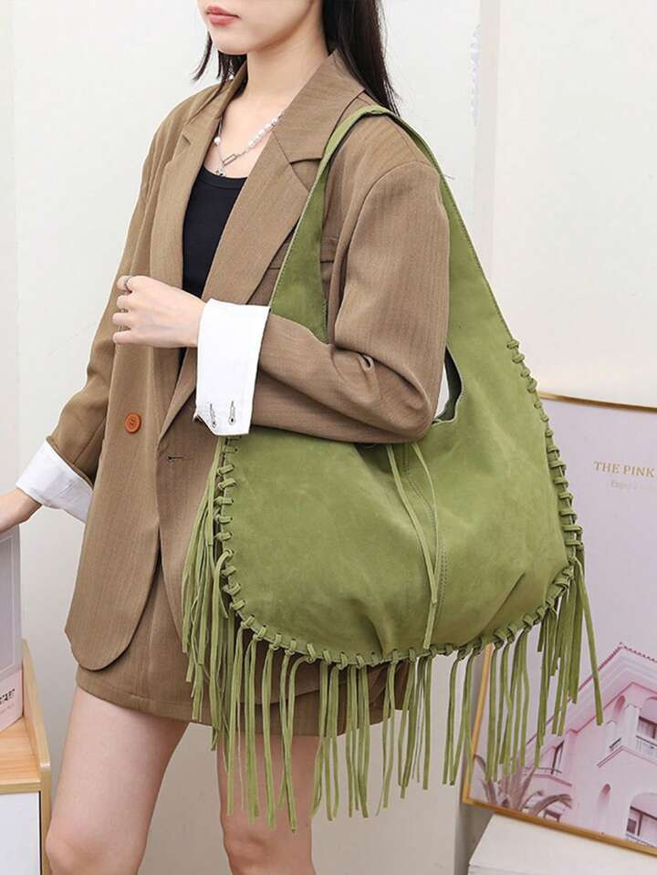 New Fashionable Autumn And Winter Maillard Series Solid Color Tassel Large Bag Retro Frosted Velvet Suede Large Capacity Tote Bag Casual Daily Travel Commuter Shoulder Bag Shopping Bag Armpit | SHEIN
