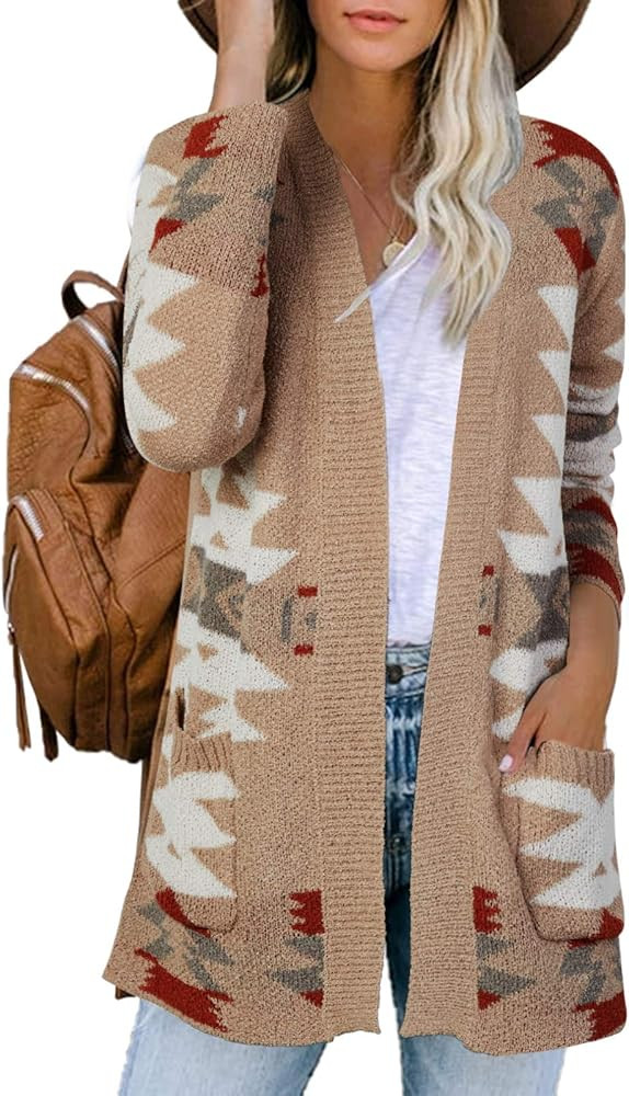 FERBIA Women Boho Cardigan Aztec Open Front Loose Slouchy Sweaters Tribal Long Sleeve Knitted Chr... | Amazon (US)