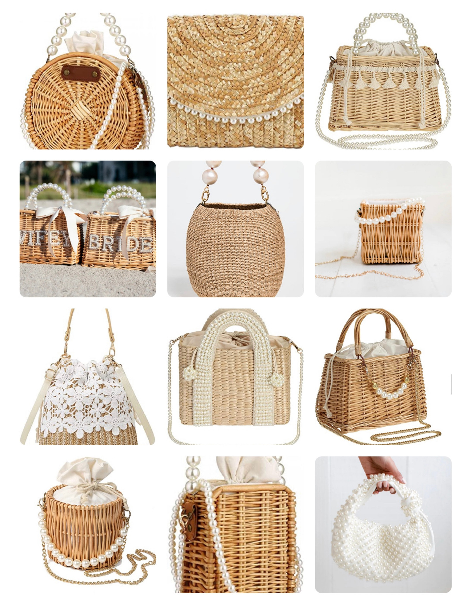 Beach Bag Purse for Women, Natural Hand-woven Rectangular Wicker Handbag,  Pearl Basket Purse, Retro Summer Straw Tote Bag