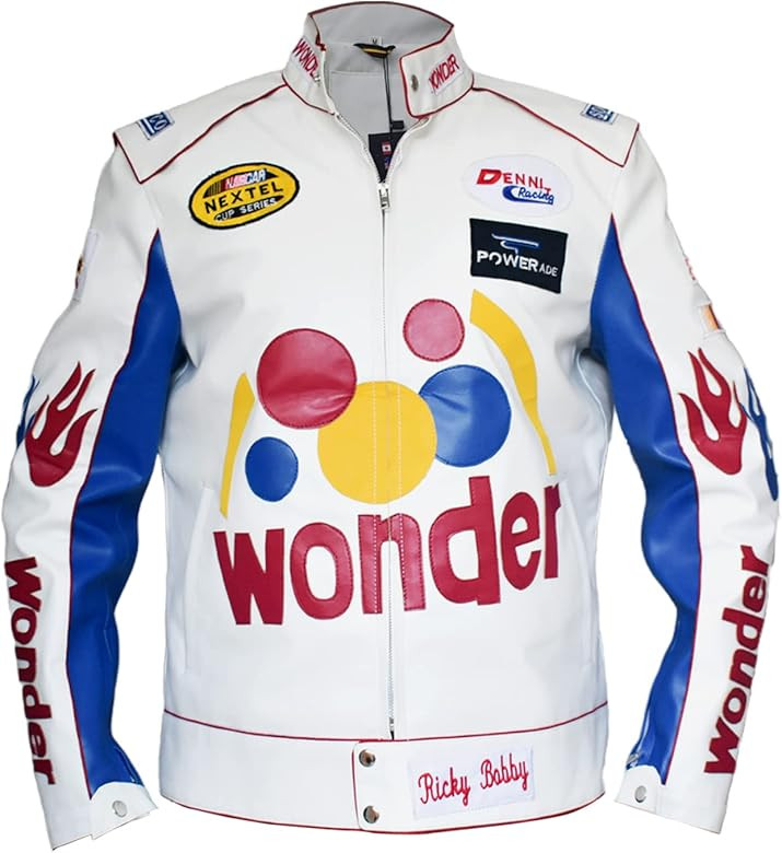 Mens Ricky Bobby Racing White Faux Leather Motorcycle Wonder Jacket, XXS-5XL | Amazon (US)