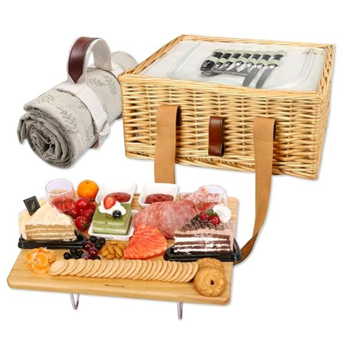 Hap Tim Wicker Picnic Basket for 2 with Mini Folding Wine Picnic Table & Large Insulated Cooler Bag & Cutlery Service Kits for 2 Person, Couples Gifts, Wedding Gifts (Y2307-2-CM) | Amazon (US)