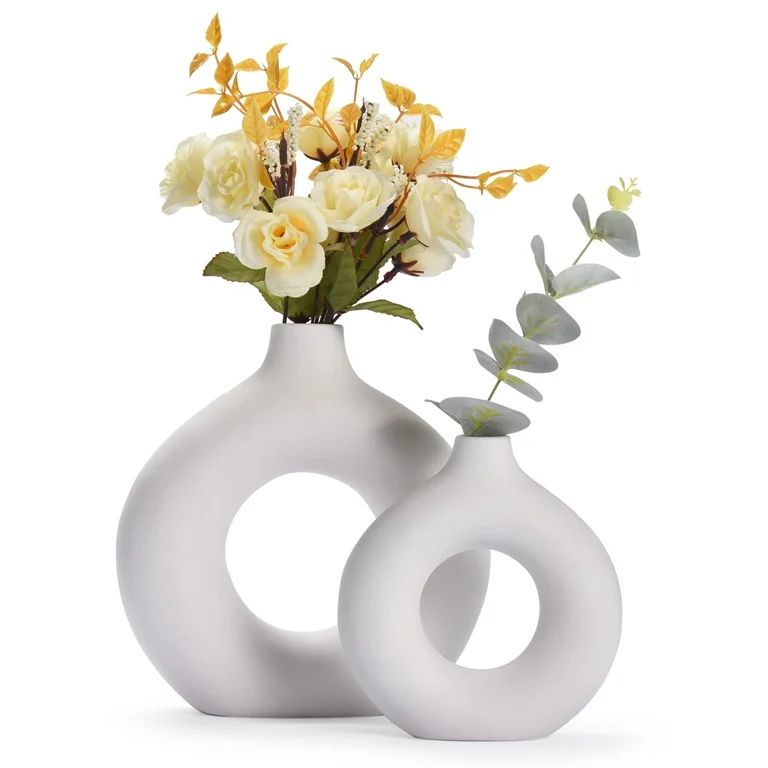 Whole Housewares Ceramic Vase - White Nordic Boho Donut Shape Decorative Vases - Circle Vase with... | Walmart (US)