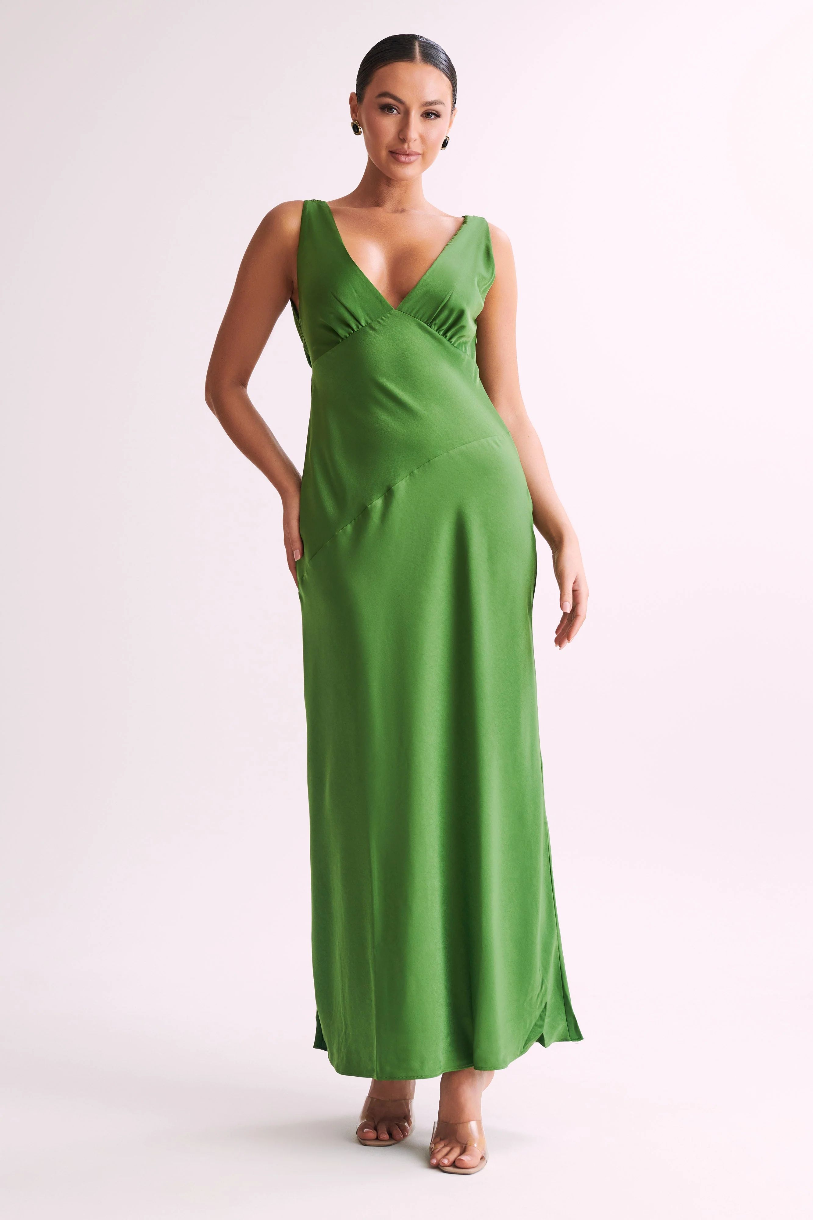 Nadia Maxi Satin Dress With Back Cowl - Emerald | MESHKI US