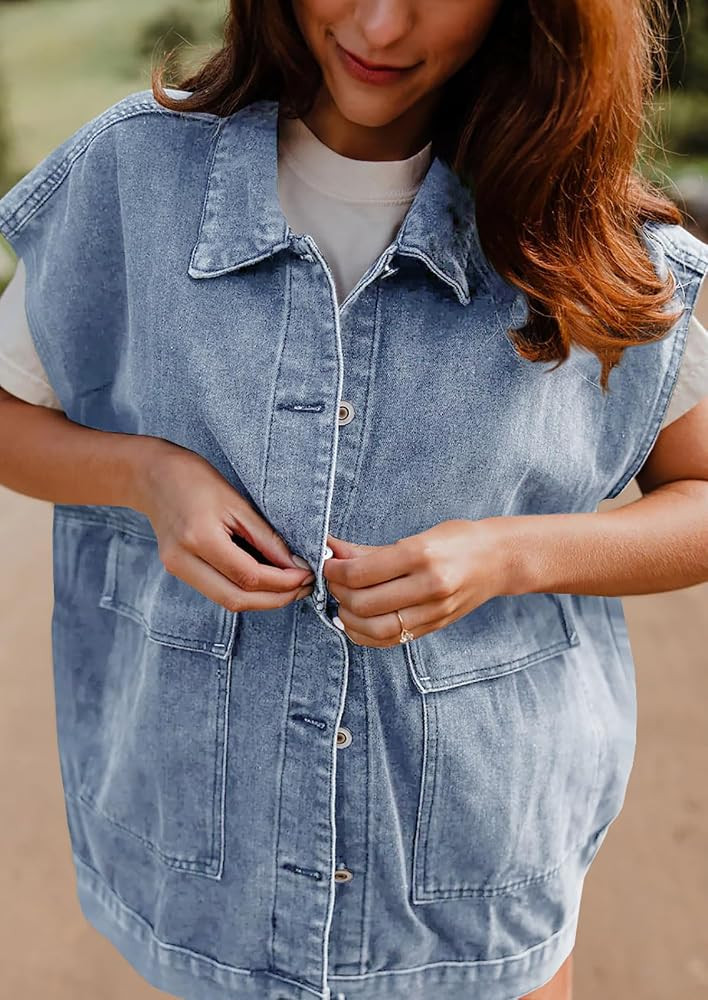 PLNOTME Women's Oversized Jean Vest Casual Denim Cap Sleeve Vest Trendy Sleeveless Jean Jacket | Amazon (US)