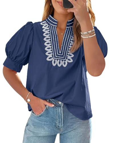 Cicy Bell Womens Puff Short Sleeve Blouses Summer Casual Dressy Embroidered V Neck Tops Loose Fit... | Amazon (US)
