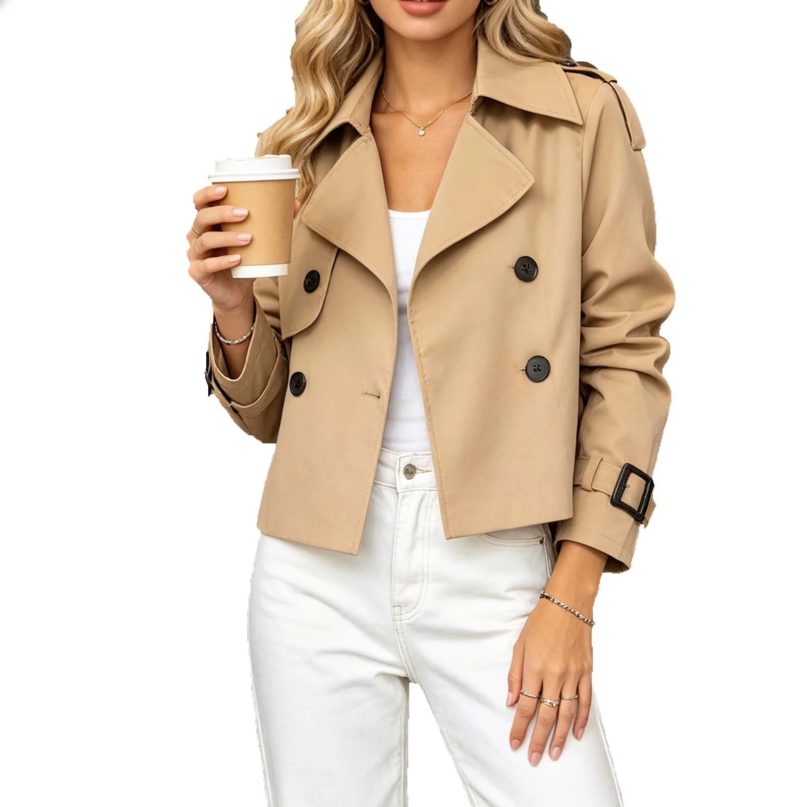 FRSASU Women's Cropped Double Breasted Trench Jacket Notch Lapel Long Sleeve Loose Windproof Coat with Buckle Cuffs Khaki - Walmart.com | Walmart (US)