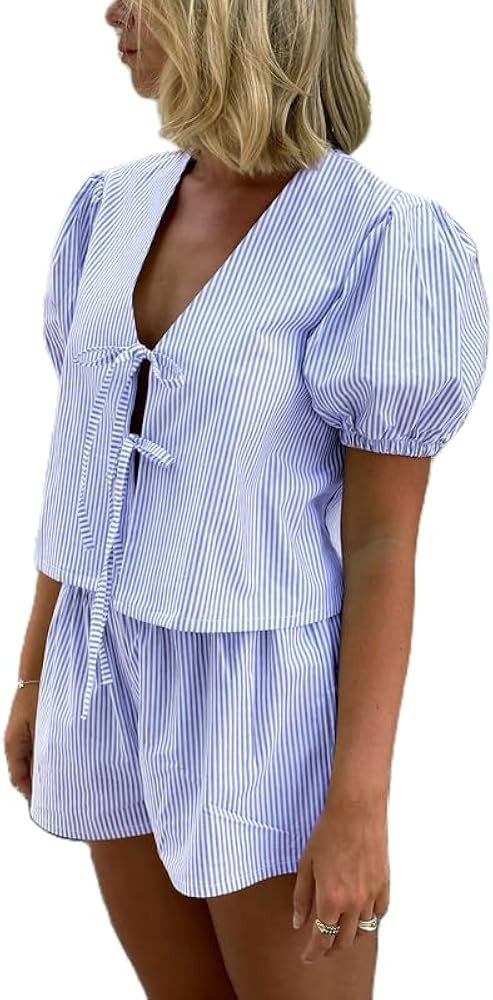 Yuemengxuan Women Striped Casual Lounge Set 2 Piece Pajamas Set Short Puff Sleeve Tie front Shirt... | Amazon (US)