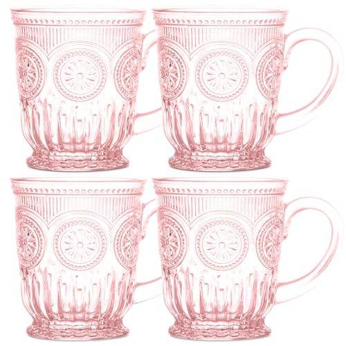 Yungala Pink Glass Coffee Mugs Set of 4 – 10oz Aesthetic Pink Glass Mug Set, Real colored glass that is 100% Dishwasher Safe and Lead-Free, think Vintage Tea Cups vibes | Amazon (US)